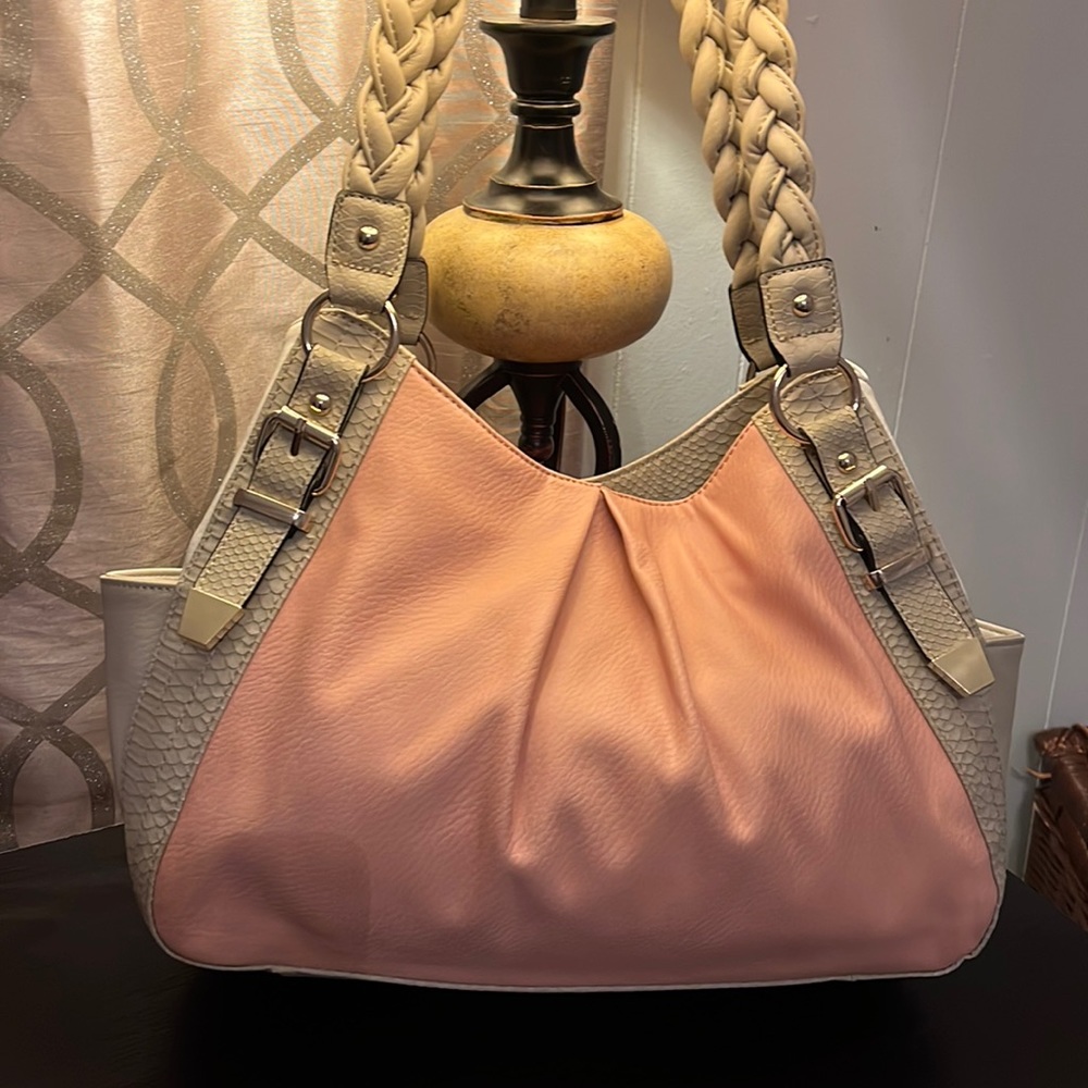 Apt 9 pink and gray leather like shoulder bag